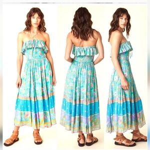 SPELL Hibiscus Lane Strapless Flutter Midi Dress Organic Lagoon Floral NWT